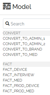 Image showing the list of table codes in the Model page